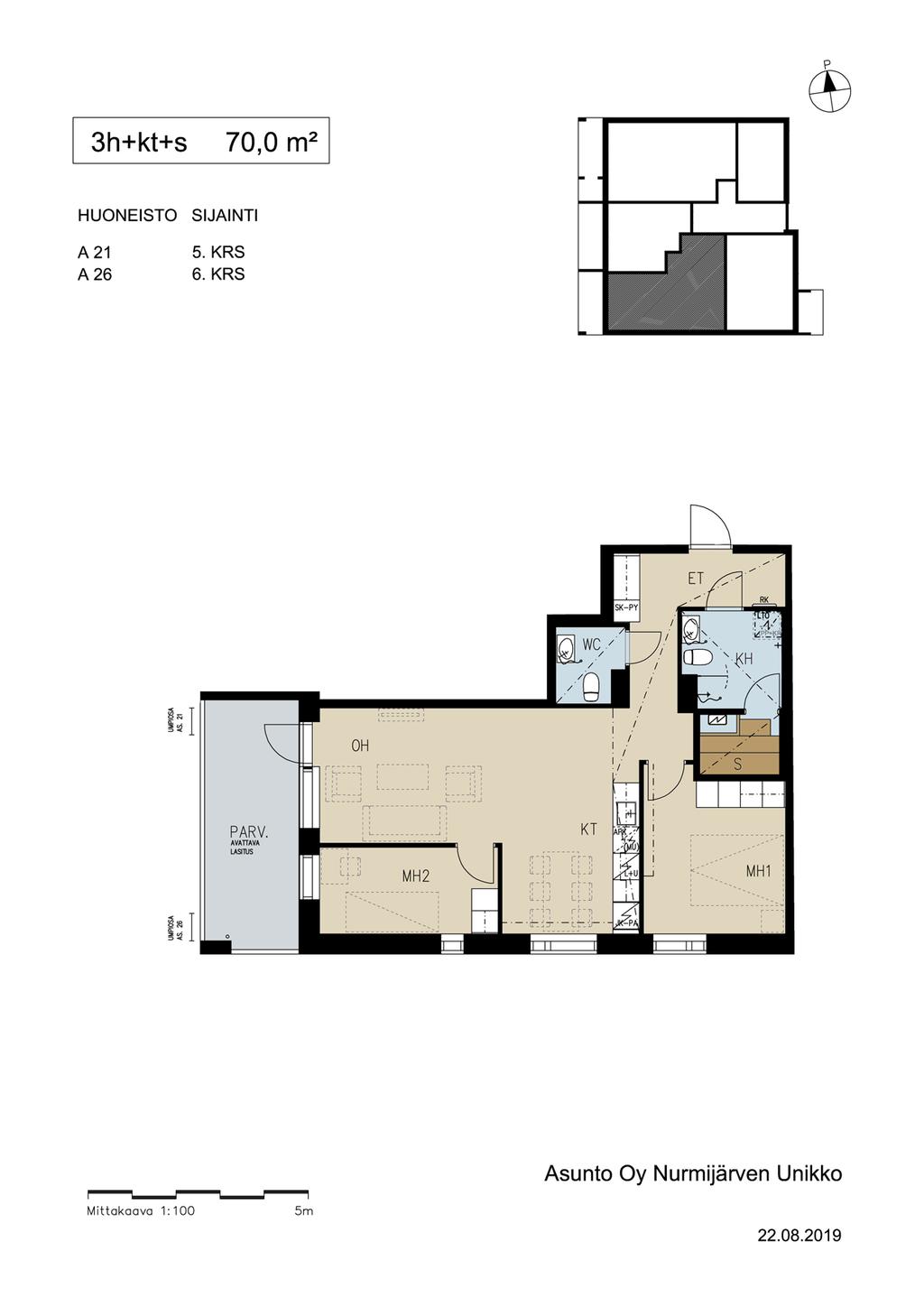 18 19 51,5 m² 2 h + kt + s A25 A30 5. KERROS 6. KERROS 70,0 m² 3 h + kt + s A21 A26 5. KERROS 6. KERROS Koko kodin levyinen lasitettu länsiparveke. Ikkunat kahteen ilmansuuntaan.