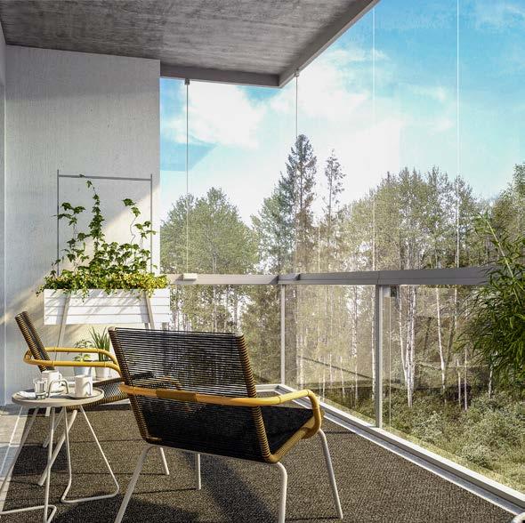 Suurempien kotien oleskelutilat avautuvat lasitetulle parvekkeelle. TOIVEIDEN MUKAINEN Huomioimme Unikon kotien suunnittelussa ennakkokyselyyn vastanneiden toiveita.