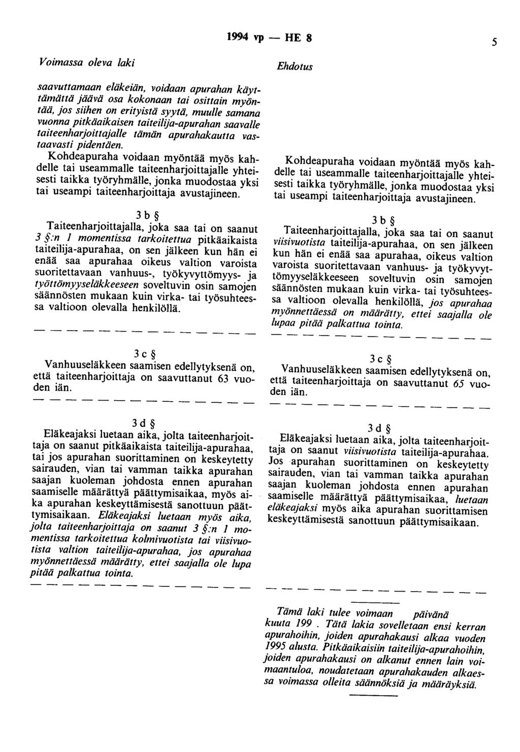 1994 vp- HE 8 5 Voimassa oleva laki saavuttamaan eläkeiän, voidaan apurahan käyttämättä jäävä osa kokonaan tai osittain myöntää, jos siihen on erityistä syytä, muulle samana vuonna pitkäaikaisen