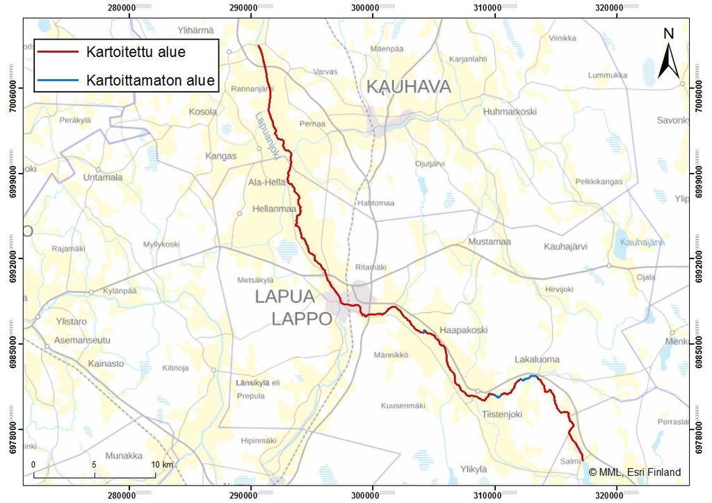 14 Kuva 9. Kartoitusalue. 3 AINEISTO JA MENETELMÄT Lapuanjoen eroosio- ja vieraskasvilajikartoittaminen aloitettiin 2.7.2019 Lapuan taajamasta kohti Poutun säännöstelypatoa.