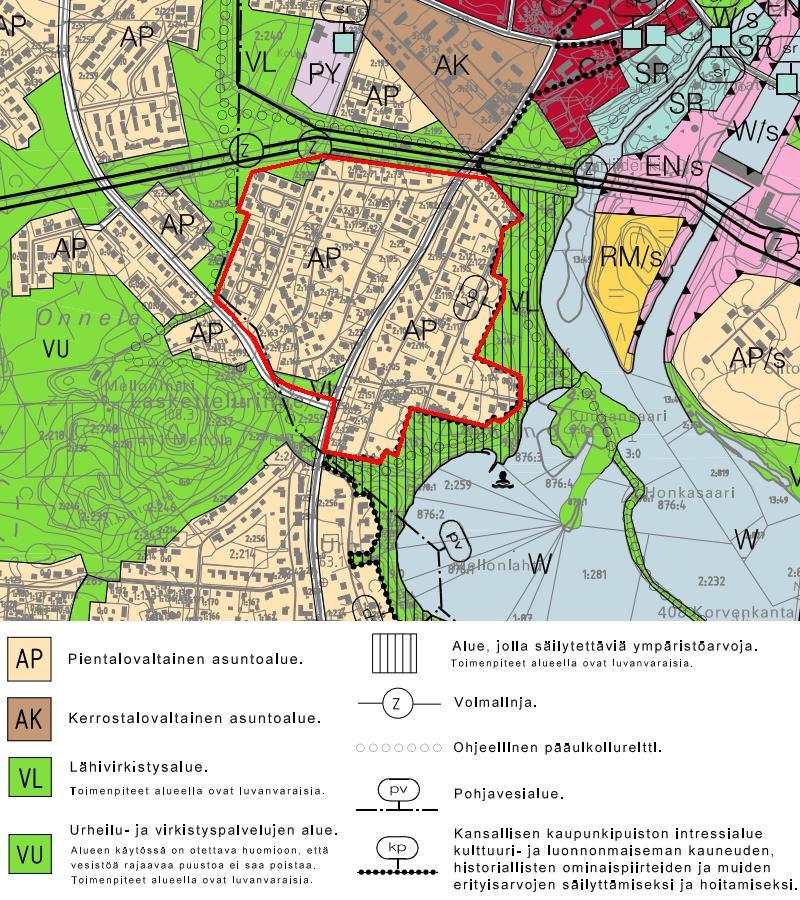 YLEISKAAVA Imatran kaupunginvaltuuston 19.4.2004 hyväksymässä yleiskaavassa "Kestävä Imatra 2020" asemakaava-alue on merkitty lähes kokonaan pientalovaltaiseksi asuinalueeksi (AP).