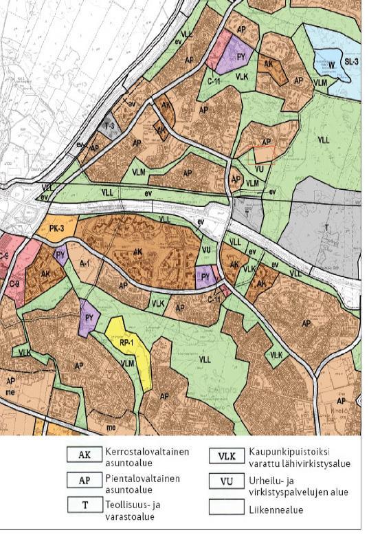 AP AK PK3 PY T R Yleiskaava Kuva 92A asuinalue, pientalo asuinalue, kerrostalo kaupallisten palveluiden alue