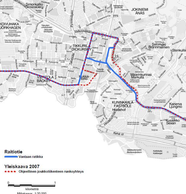 Vantaan ratikka Tikkurila Merkitty yleissuunnitelman mukainen reitti, joka viedään