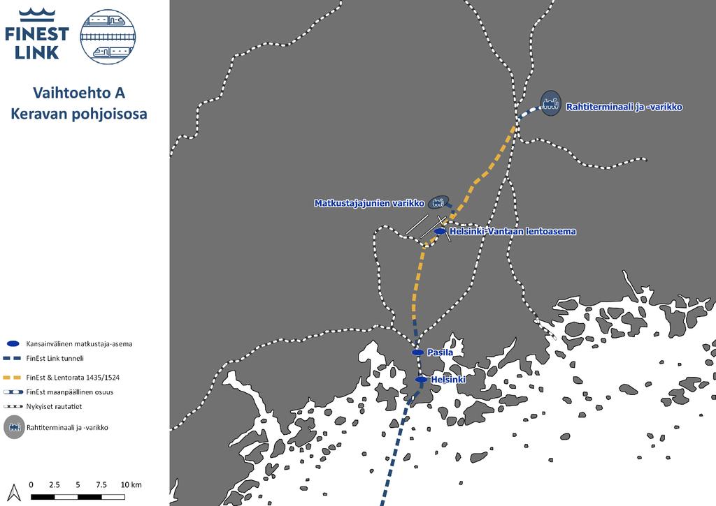 4. Linjausvaihtoehtojen tarkastelu 4.1 Vaihtoehdot Suomessa Yhteensä viisi erilaista tunnelin linjausvaihtoehtoa Suomen puolella käytiin läpi tämän selvityksen aikana.