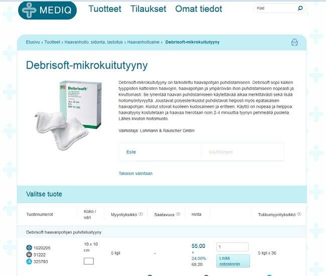 TUOTETIEDOT Tuotelistauksesta näkyvät tuotteiden pikatiedot: Tuotekuva, tuotteen ja valmistajan nimi, tuotenumero, valmistajan tuotenumero ja tuotekategoria.