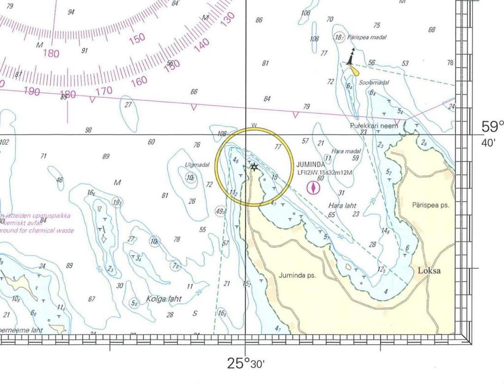 6. Merkintäpaikkasi on 59 40,0 N 025 19,5 E. Ohjaat kompassisuuntaan 060 nopeuden ollessa 8 solmua. Kello 14.00 suunnit Jumindan merimajakan keulakulmassa 045 oikealla ja kello 14.