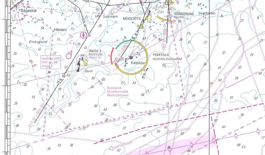 7. Merkintäpaikkasi on 59 53,0 N 024 35,0 E. Ohjaat kompassisuuntaan 226 nopeuden ollessa 6 solmua. Kello 15.00 suunnit pääkompassilla Porkkalan merimajakan kompassisuuntimassa 266 ja kello 16.