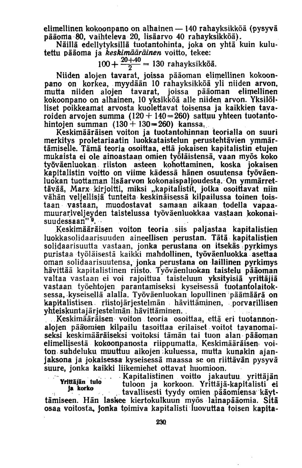 elimellinen kokoonpano on alhainen 140 rahayksikköä (pysyvä pääoma 80, väihteleva 20, lisäarvo 40 rahayksikköä).