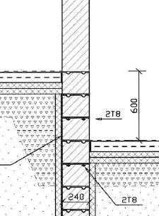 Rakenne sisältä ulospäin (oikealta vasemmalle) maanpaineen kohdalta: 1 Pintakäsittely 2 Tasoite 3 Kevytsoraharkko 4 Perusmuurilevy 5 Lämmöneriste 6 Salaojasora Rakenne maanpinnan yläpuoliselta osalta