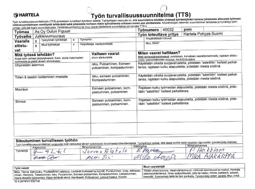 TYÖN TURVALLISUUSSUUNNITELMA LIITE 2 (Muuraustyön työn