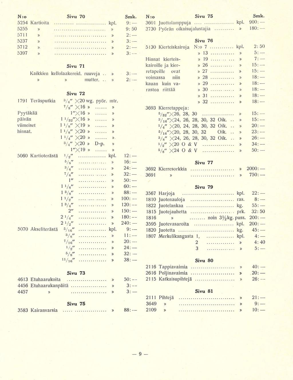 N :o Sivu 70 Smk. 5254 Kartioita kpl. 9: 5255 9; 50 5711 2: 5237 3; 5712 2:- - 5397 3: Sivu 71 Kaikkien kellolaakereid. ruuveja.. 3: mutter... 2 ; Sivu 72 1791 Teräsputkia 3 / 4 X2owg. pyör. mtr.
