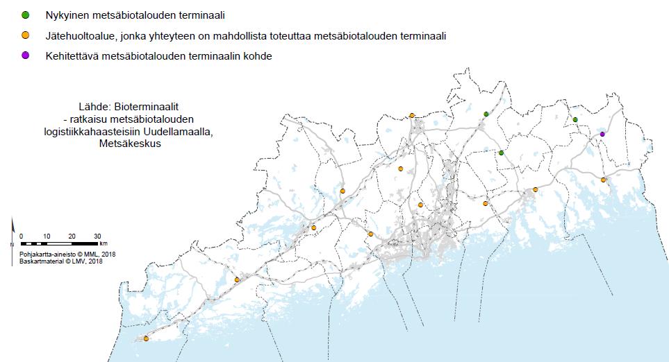 Kuva 39. Metsäbiotalouden terminaalit. Metsät sitovat ilmakehästä hiiltä ja ilmastonmuutoksen hillinnässä metsien rooli on Suomessa keskeinen.