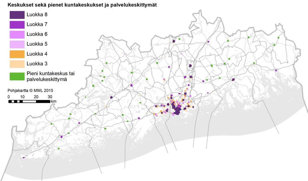 Kuva 14. Uudenmaan monipuolisimmat keskukset sekä pienet kuntakeskukset ja palvelukeskittymät Keskusanalyysi -selvityksen perusteella.