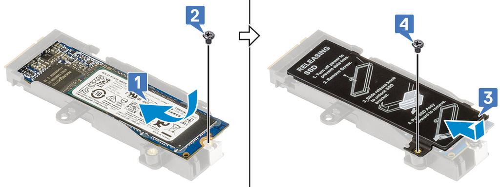 M.2-SSD-moduulin asentaminen 1. M.2-SSD-moduulin asennus (paikkaan 4): a) Aseta M.2-SSD-kortti M.2-liitäntään [1]. b) Asenna ruuvi (M2.0x3.0), jolla M.2-SSD-asema kiinnittyy SSD-kiinnikkeeseen [2].