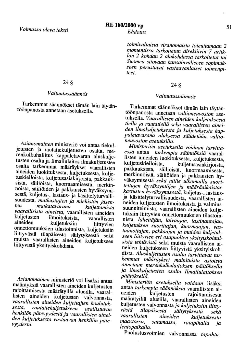 Voimassa oleva teksti HE 180/2000 vp Ehdotus 51 toimivaltaista viranomaista toteuttamaan 2 momentissa tarkoitetun direktiivin 7 artiklan 2 kohdan 2 alakohdassa tarkoitetut tai Suomea sitovaan