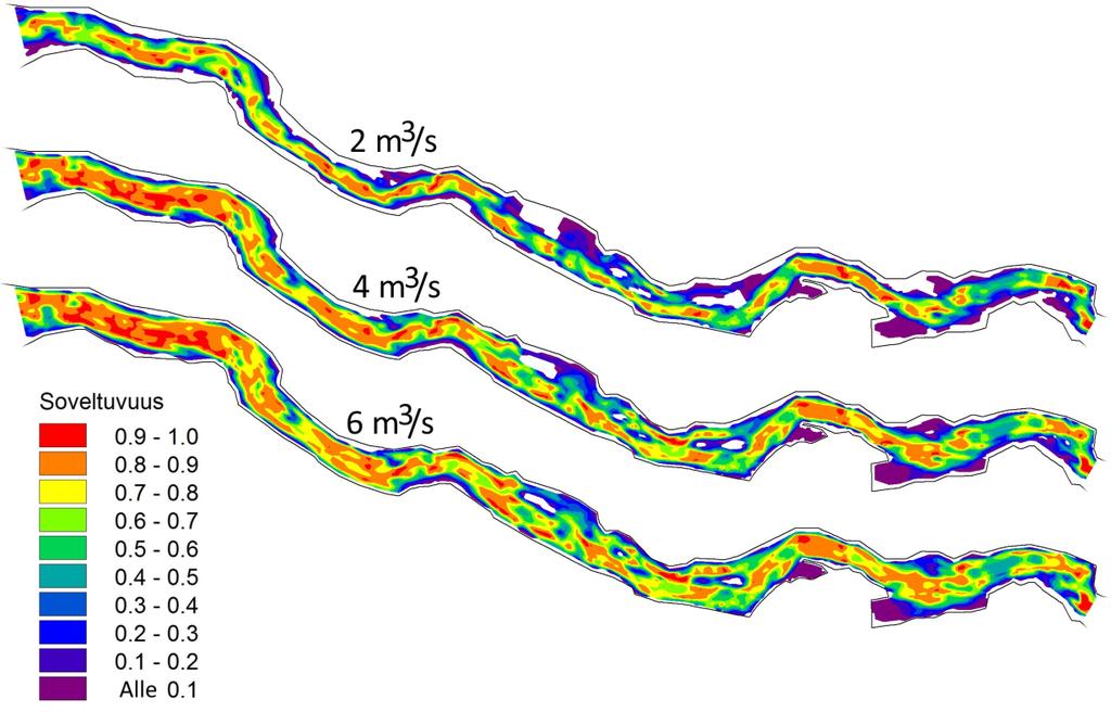 Suuremmilla virtaamilla talvella sopivaa syvempää aluetta on enemmän, esimerkkinä Kuusamonkoski (Kuva 5).