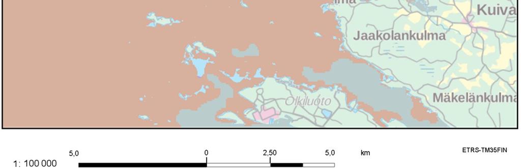 Vuonna 2015 toteutetun pohjaeläinnäytteenoton yhteydessä pohjien laadun todettiin vaihtelevan sorasta hiekkaiseen, koskien myös kalankasvattamon suunniteltua sijaintialuetta. Kuva 8.5. Pohjan laatu Luvian edustan merialueella.
