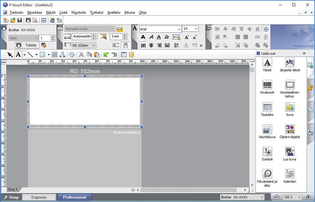 Koti > Tarrojen luominen ja tulostaminen käyttäen tietokonetta > Tarrojen luonti P-touch Editorin avulla (Windows) > P-touch Editorin Professional-tilan pääikkuna (Windows) P-touch Editorin