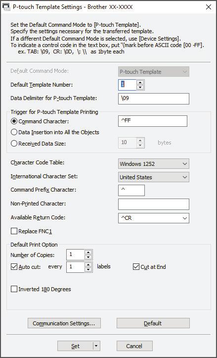 Koti > Tulostinasetukset > Tulostimen asetusten muuttaminen Tulostinasetustyökalun avulla (Windows) > Tulostinasetustyökalun P-touch Template -asetukset (Windows) Tulostinasetustyökalun P-touch