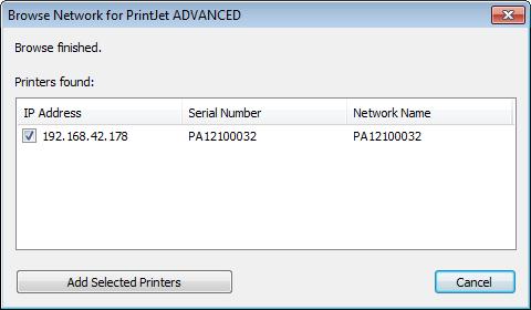 Käyttöönotto Jos tulostin löytyy, näyttöön tulee seuraava ikkuna: Kuva36 Hakutulos - verkon selaus 4 Lisää