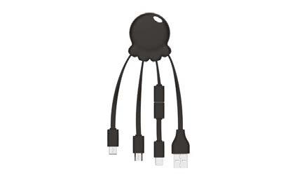Tuotenro: 2280 6 50 XOOPAR OCTOPUS LATAUSKAAPELI Monikäyttöinen latauskaapeli josta löytyy USB C-, Micro USB-, USB- sekä lighting (iphone, ipad) latauspäät.