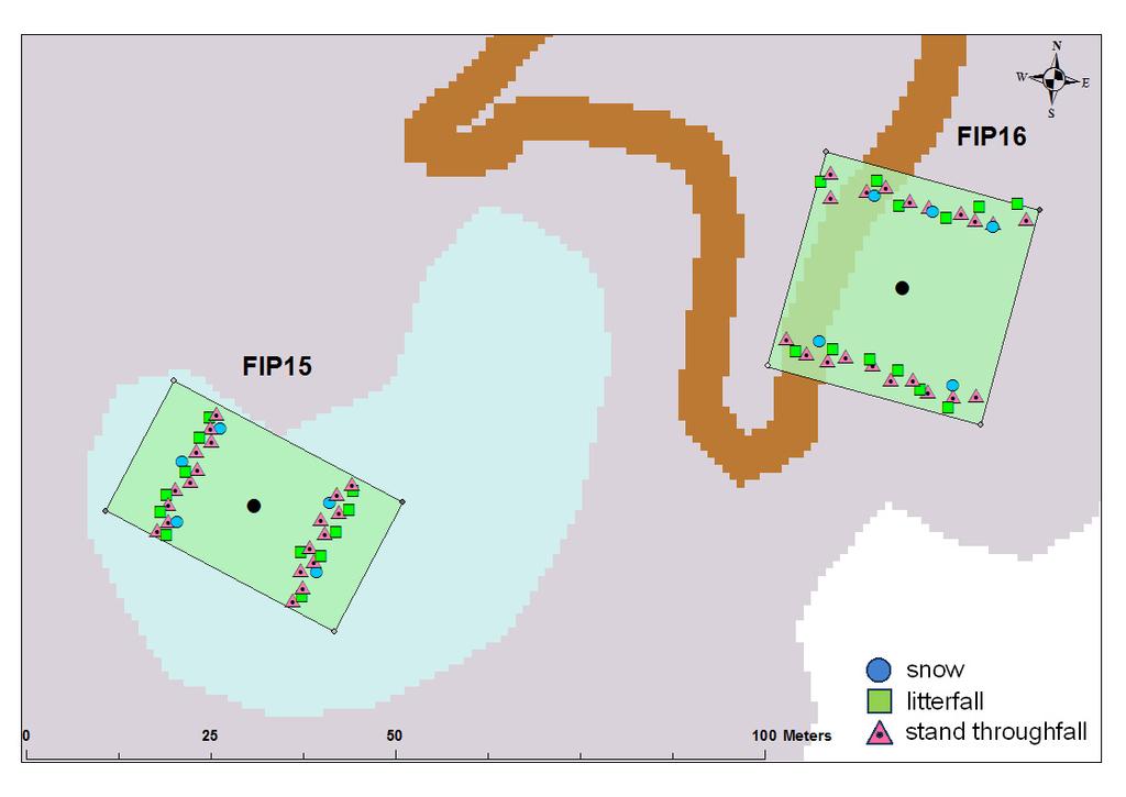 10 Figure 5. Sample plot design on the plots FIP15 and FIP16, and the location of deposition and litterfall samplers.