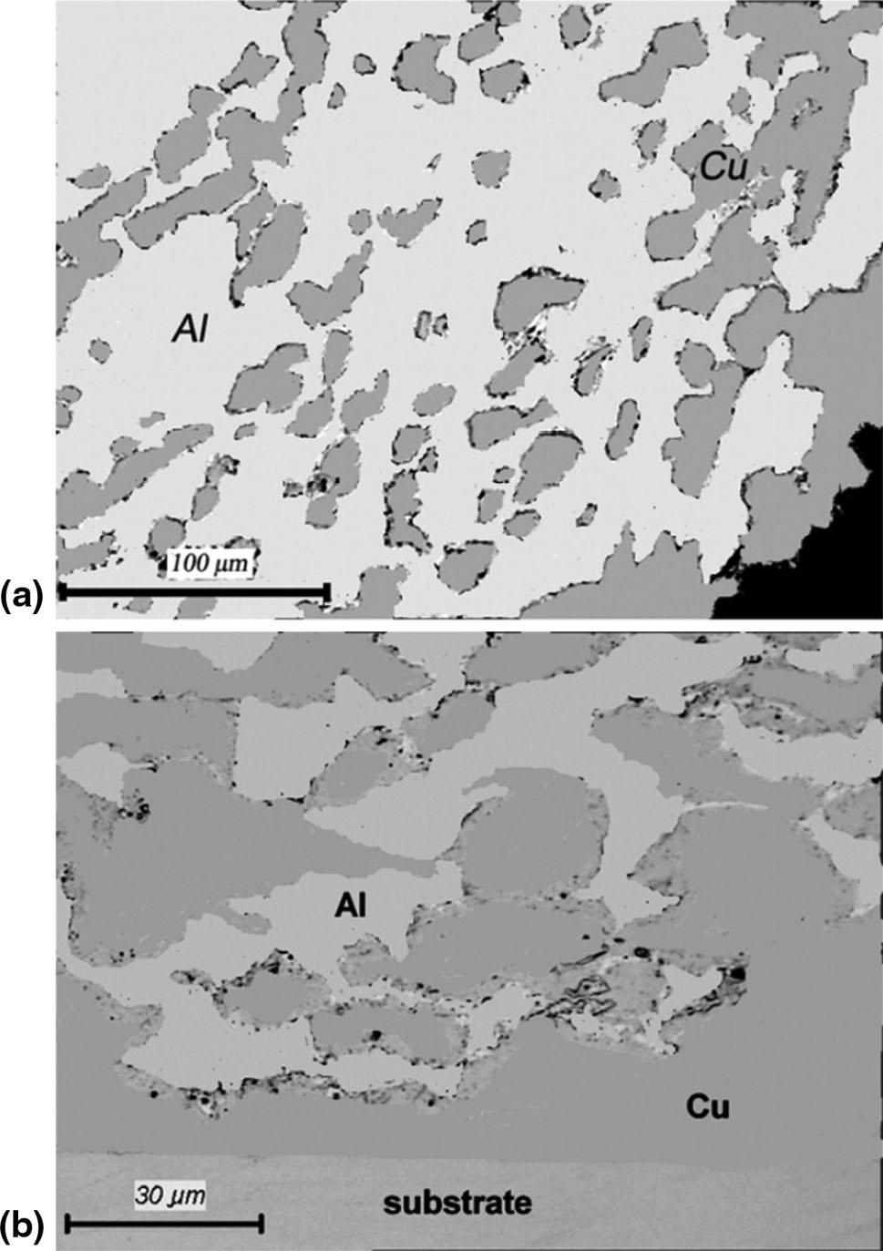 Fig. 6 Cross sections of the two-component copper-aluminum coating: (a) at the coating surface and (b) at the substrate-coating interface (Ref 24) the particle velocity.