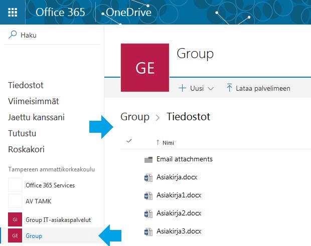 Tiedostojen kopiointi Office 365 -palvelussa Tiedostoja ja kansioita on mahdollista kopioida oman OneDrive for Business -palvelun, Office 365 Sites -työryhmäsivustojen sekä Office 365 Groups -ryhmien