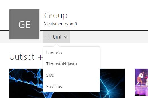 Ryhmäläiset voivat uutisten lisäksi luoda työtilaan sivuja, luetteloita ja uusia tiedostokirjastoja ryhmän käyttöön.