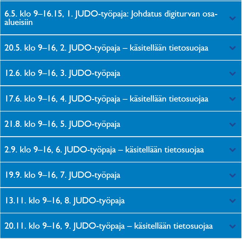 Viisi työpajaa pidetty Jokaisesta löytyy: Tallenne Esitysmateriaalit Tehtävät Painopiste ollut: Riskienhallinta Toiminnan jatkuvuus ja varautuminen Tietosuoja valittuja erityisaiheita 2.