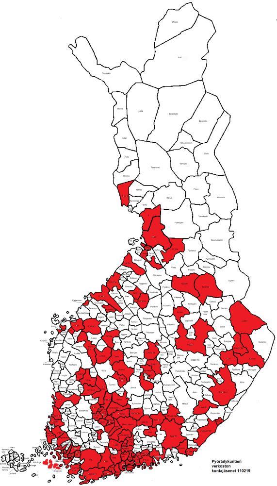 Pyöräilykuntien verkosto ry Perustettu 1997 Yhdistykseksi 2005 145 jäsenyhteisöä 109 kuntaa, ELY-keskukset Noin 4,5 miljoonaa asukasta Pyöräilykuntien verkosto haluaa: