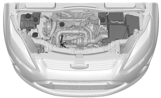 Huolto MOOTTORITILAN YLEISKATSAUS - 1.6L DURATORQ-TDCI (DV) DIESEL A B C D E F I H G E130031 A B C D E F G Jäähdytysnestesäiliö * : Katsokaa Moottorin jäähdytysnesteen tarkistus (sivu 216).