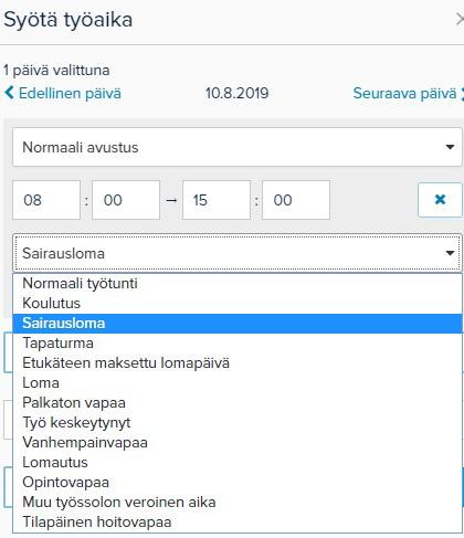 Poissaolot Jos työntekijä on ollut sairauslomalla ja hoitanut siihen liittyvän ilmoitusvelvollisuuden, merkataan sairauspäivä kirjaamalla suunnitellun työvuoron alkamis- ja loppumisaika, sekä