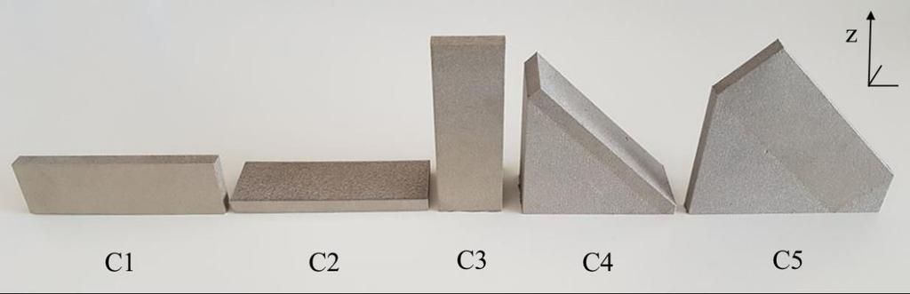 61 Figure 43. Test samples C1, C2, C3, C4 (with support structures) and C5 (with support structures). Building direction along z-axis.