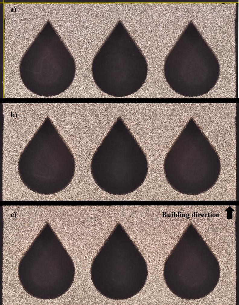 68 Figure 56. Macrographs of test samples (a) H, (b) I and (c) J. Front view, building direction is indicated with arrow.