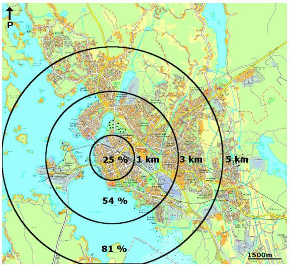Vaasan väestön jakaantuminen ja keskustan saavutettavuus 17 Vaasalaisista noin 80% asuu