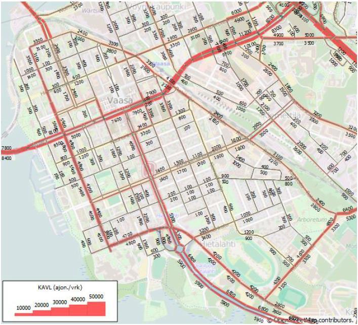 2040 Ajoneuvoliikenteen määrä kasvaa liikenneennusteen (perusennuste 2040) mukaan Vaasan