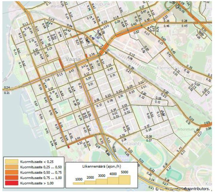 Liikenteen toimivuus 33 Nykytilanteen (v. 2013) iltahuipputunnin kuormitusasteet Vaasan keskustan katuverkolla Nykytilanteessa keskustan liikenne sujuu pääosin hyvin.