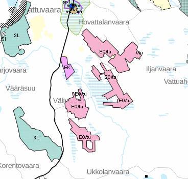 Kuva 9. Kaavaote Pohjois-Karjalan maakuntakaavasta (vaihe 1-4). Rämepuron kaivoksen rajaus esitetty violetilla EK-merkinnällä. 6.