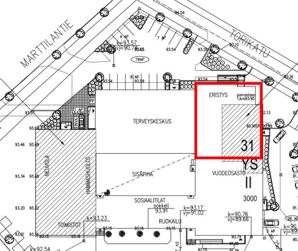 5 (19) 2 Perustiedot kohteesta Yleistiedot Kuva 1. Pohjakuva. Tutkimukset kohdistettiin kuvassa rajatulle aikuissosiaalityön osalle (esitetty punaisella, viitteellinen).