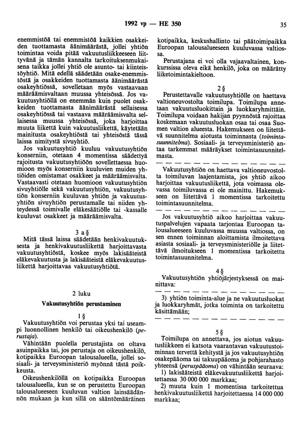 1992 vp- HE 350 35 enemmistöä tai enemmistöä kaikkien osakkeiden tuottamasta äänimäärästä, jollei yhtiön toimintaa voida pitää vakuutusliikkeeseen liittyvänä ja tämän kannalta tarkoituksenmukaisena