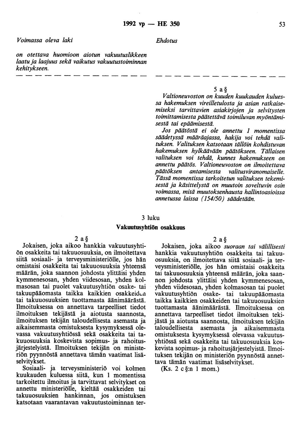 1992 vp - HE 350 53 Voimassa oleva laki Ehdotus on otettava huomioon aiotun vakuutuslikkeen laatu ja laajuus sekä vaikutus vakuutustoiminnan kehitykseen.