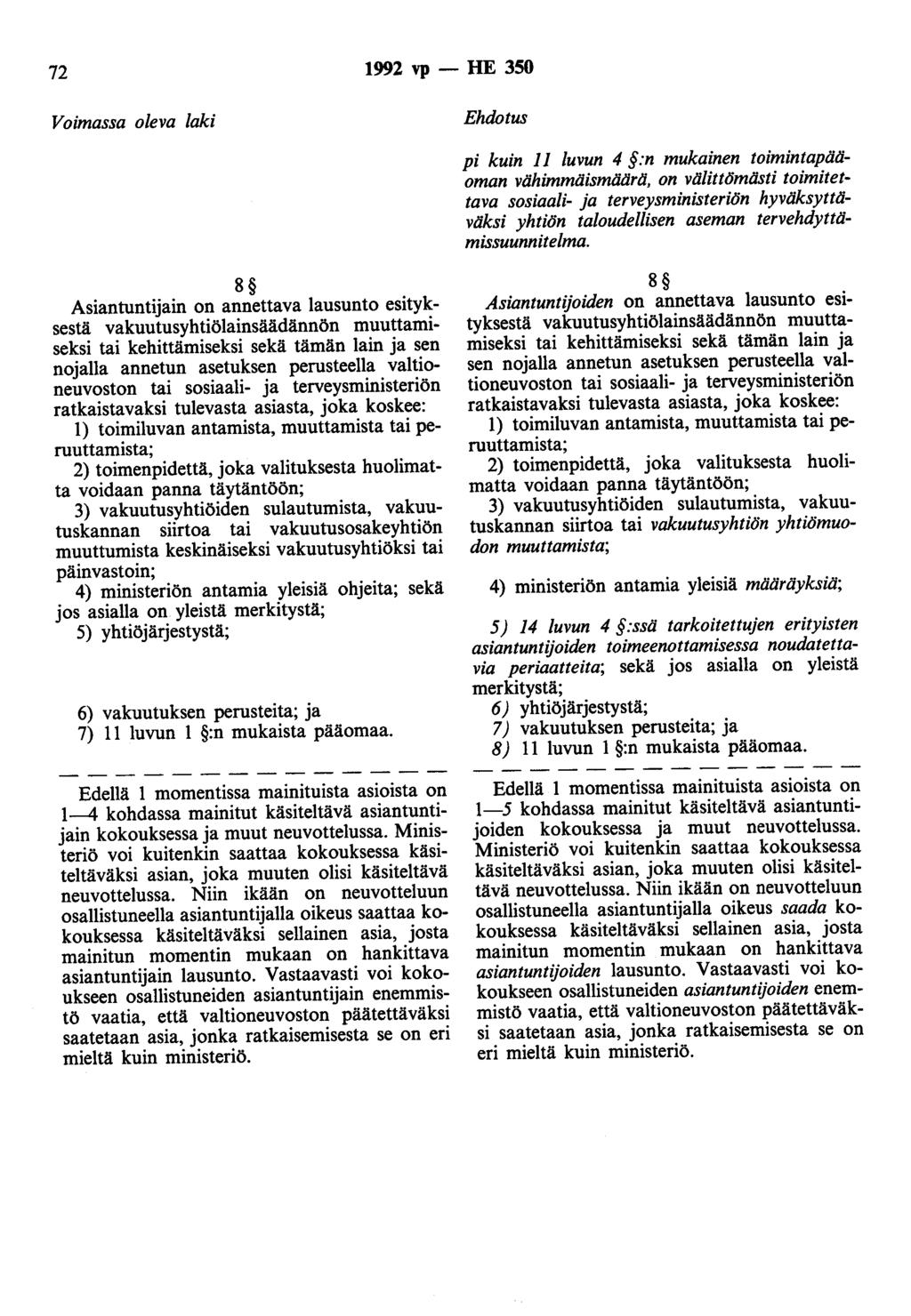 72 1992 vp - HE 350 Voimassa oleva laki Ehdotus pi kuin 11 luvun 4 :n mukainen toimintapääoman vähimmäismät.