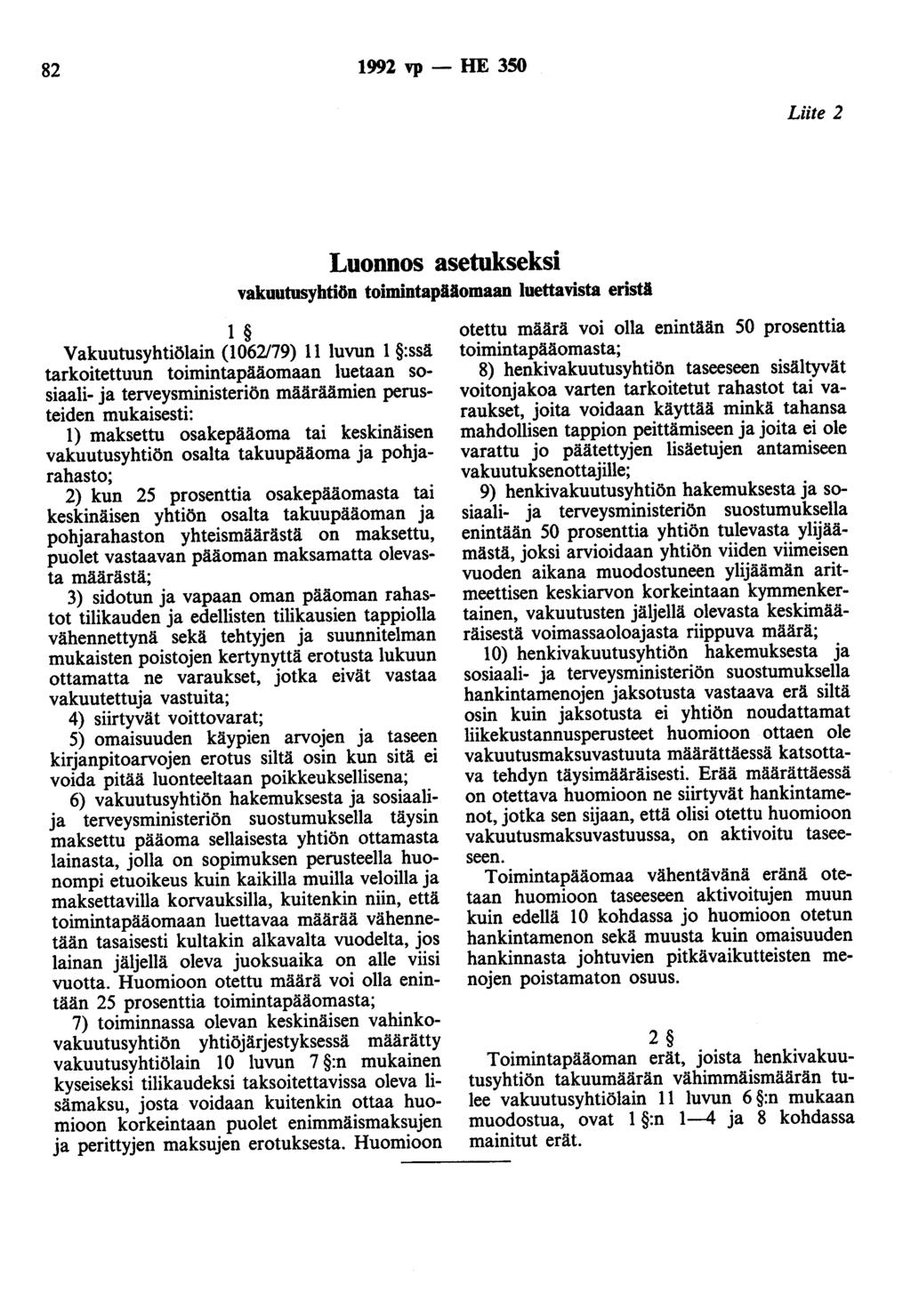 82 1992 vp - HE 350 Liite 2 Luonnos asetukseksi vakuutusyhtiön toimintapiiomaan luettavista eristi 1 Vakuutusyhtiölain (1062179) 11 luvun 1 :ssä tarkoitettuun toimintapääomaan luetaan sosiaali- ja