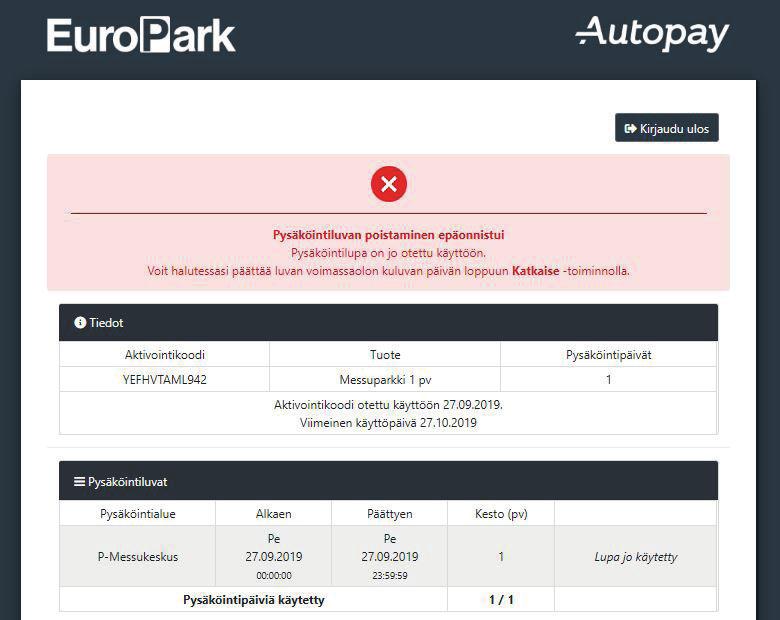 3.4. Epäonnistunut pysäköintiluvan poisto/katkaisu