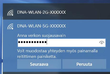 DNA Valokuitu Plus F-3686AC -modeemissa on oletuksena päällä 2,4 Ghz- ja 5 Ghz -taajuudelliset langattomat WiFi-verkot.