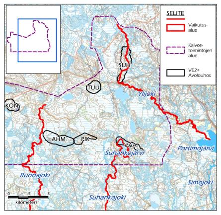 Kaivoshankkeesta aiheutuvat pintavesipäästöt Simojoen vesistöalueelle aiheutuvat aluekuivatusvesien purkamisesta Ylijokeen, Ruonajokeen, Väliojaan ja Suhankojokeen.