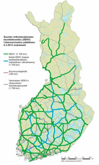 1.3 Suurten erikoiskuljetusten tavoitetieverkko valtakunnallisesti Liikennevirasto (jäljempänä Väylävirasto) on laatinut vuonna 2013 selvityksen suurten erikoiskuljetusten (SEKV) tavoitetieverkon