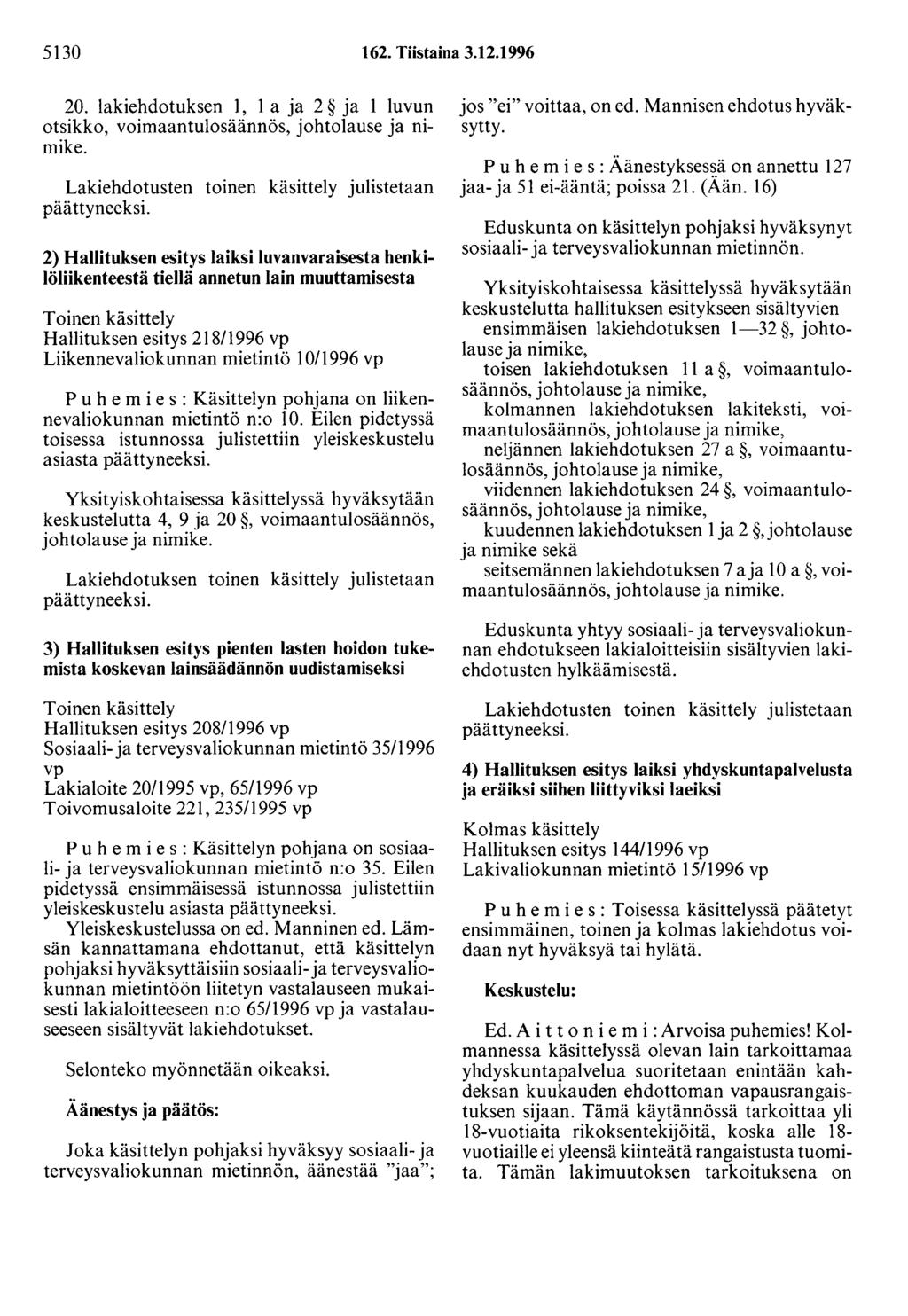 5130 162. Tiistaina 3.12.1996 20. lakiehdotuksen 1, 1 a ja 2 ja 1 luvun otsikko, voimaantulosäännös, johtolause ja nimike.