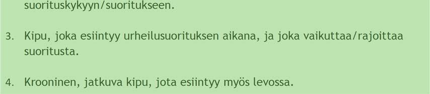 Aluksi kipu voi kadota tai vähentyä alkuverryttelyn yhteydessä. Seuraavaa harjoitusta aloitettaessa kipu ilmenee kuitenkin aiempaa voimakkaampana. Rasitusvamman neljä eri vaiheitta: 1.